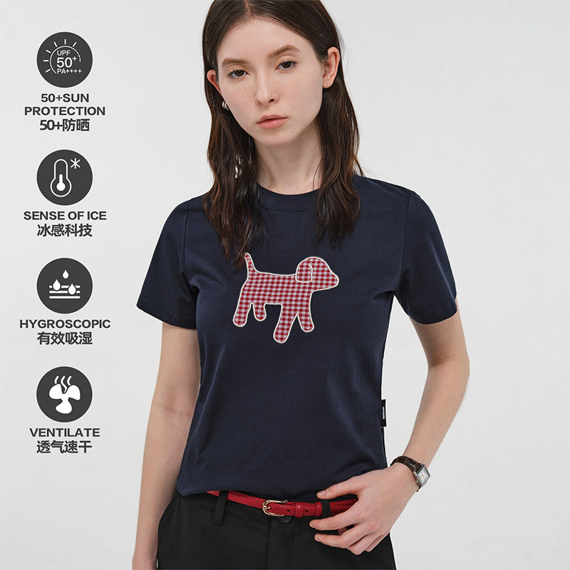 PCLP plaid puppy womens short short sleeves plaid patch embroidery summer round neck slim slim T-shirt