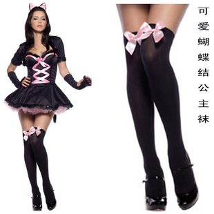 taobao agent 百搭公主袜▲粉色蝴蝶结长统黑丝学生袜 LOLITA猫女圣诞制服袜COS