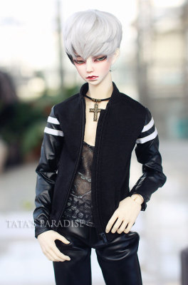 taobao agent 4分3分大叔BJD.SD.DD娃衣黑色拼皮两道杠休闲卫衣上衣棒球服外套