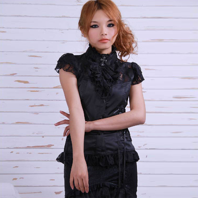 taobao agent ╋魔叹╋ RQ-BL 圣十字女祭司短袖缕空蕾丝衬衣 配领花 21061BK