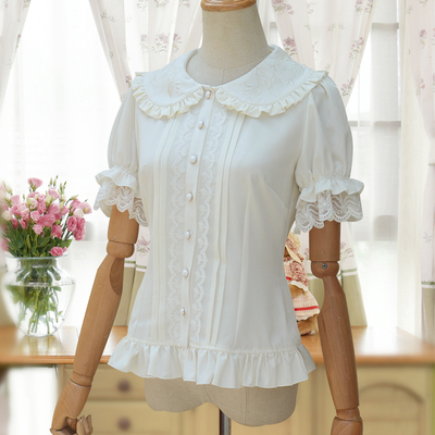 taobao agent 织锦园lolita衬衫甜美洋装春新款娃娃领短袖蕾丝可外穿洛丽塔衬衣