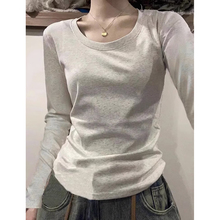 American Spicy Girl Slimming Up Shoulder Grey Long sleeved T-shirt for Women