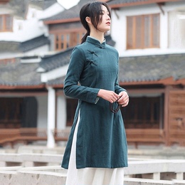 Tea dress Zen Zen Zen-Ivy Chunqiu cotton linen Tang style cheongsam blouse Chinese style Buddha system plain dress Zen master dress