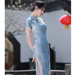 Blue Cheongsam 2023 new young female summer modified dress long senior sensation girl fringed