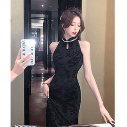 2024 New Chinese sleeveless modified cheongsam dress woman summer black senior sexy skinny hip long skirt