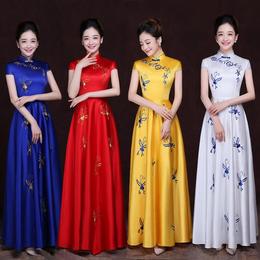 Long ceremonial cheongsam2023 new blue and white porcelain welcome show students award performance stage welcome chorus suit
