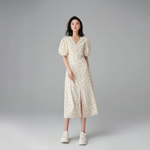 Элегантное платье для отдыха, длинная юбка, французский стиль, в цветочек, яркий броский стиль, средней длины