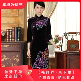 Chinese stretch velvet medium long hand-painted cheongsam mother banquet dress fashion slimline national retro dress