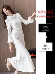 Chinese cheongsam winter new Chinese style national style dress senior sense of gentleness temperament waist-high wool knit skirt