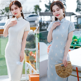 Improved maiden cheongsam 2023 Spring and Summer New Side Eight-button Lace Composite Daily Repair Skinny Dress