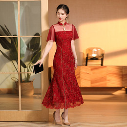 Cheongsam 2023 new temperament high-end young woman multi-love red toast dress water-soluble lace evening dress