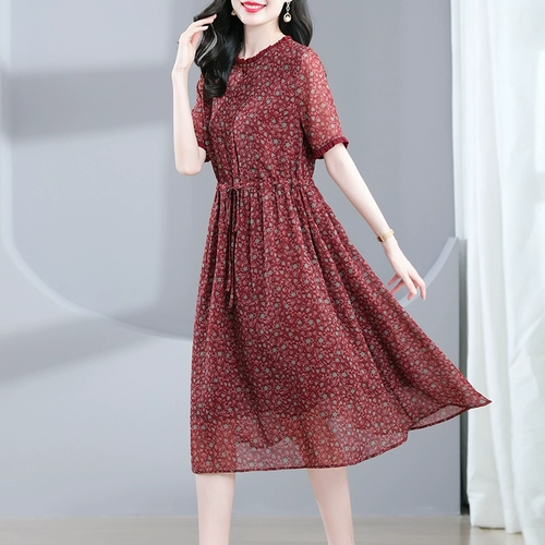 Летнее платье, красная юбка для матери, для среднего возраста, в цветочек