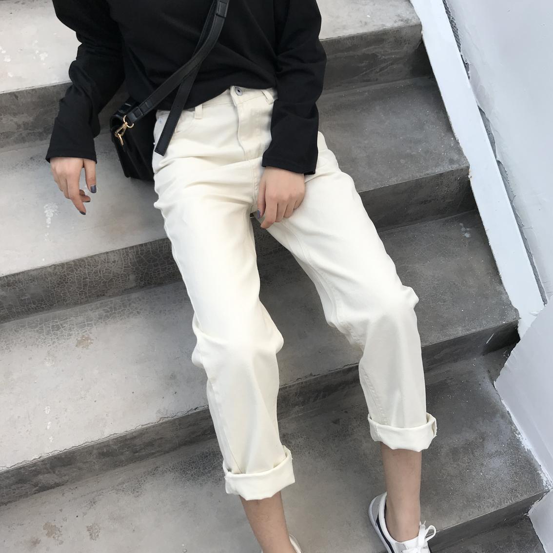 Womens Straight Leg Denim Pants Korean Style Loose Fit Light Beige Mid Length Casual Wear for Students Wholesale