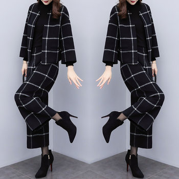 2025 New Women's Autumn and Winter Two-Piece Set Plaid Woolen Short Jacket Wide-Leg Pants Casual Fashion Suit Women's Trend