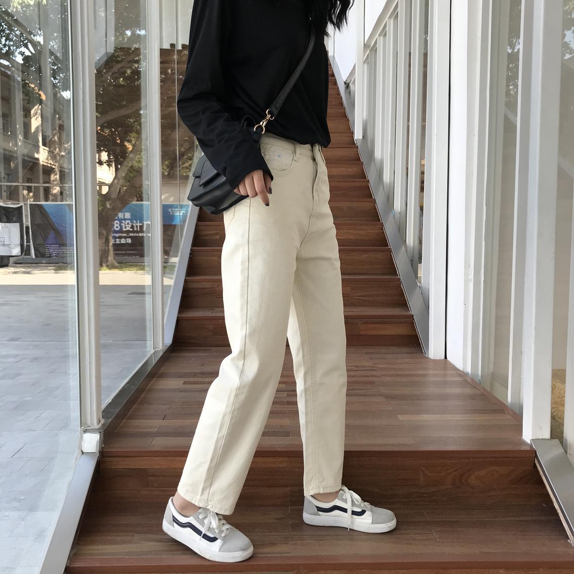 Womens Straight Leg Denim Pants Korean Style Loose Fit Light Beige Mid Length Casual Wear for Students Wholesale