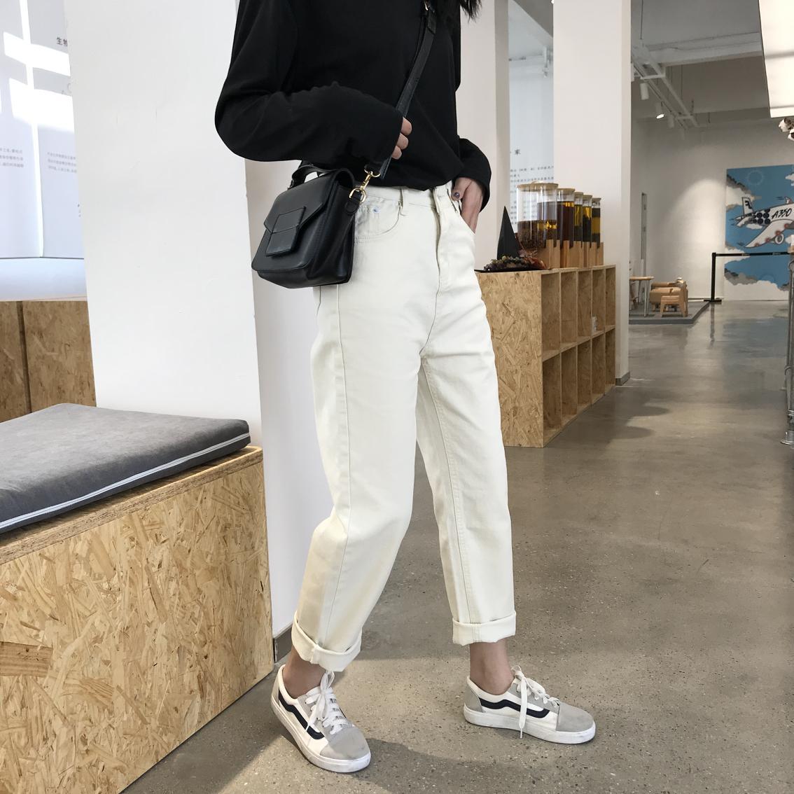 Womens Straight Leg Denim Pants Korean Style Loose Fit Light Beige Mid Length Casual Wear for Students Wholesale