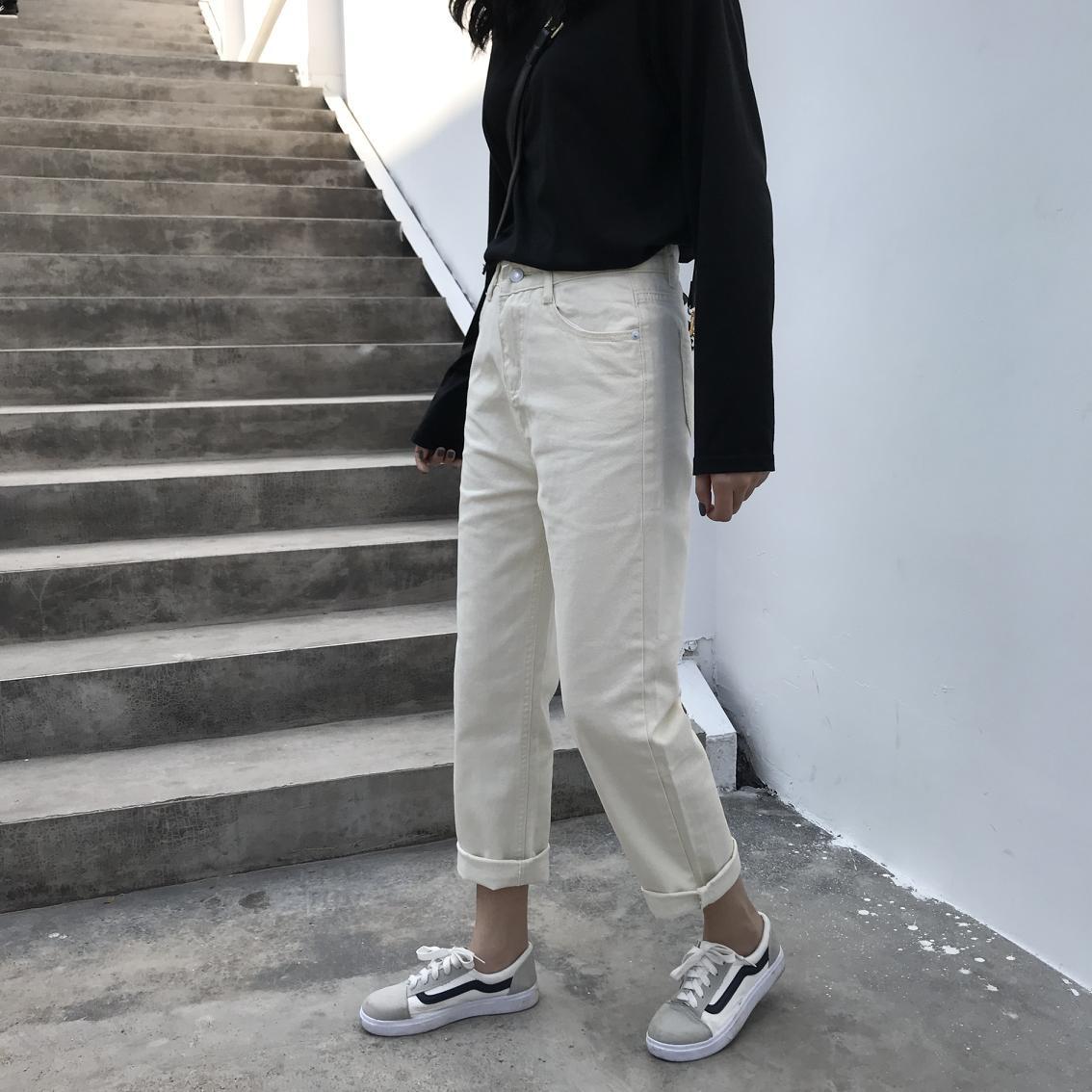 Womens Straight Leg Denim Pants Korean Style Loose Fit Light Beige Mid Length Casual Wear for Students Wholesale