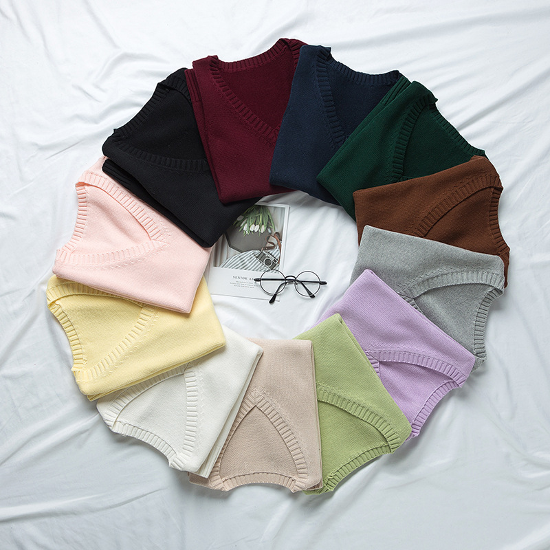 โรงงานผลิตเสื้อถักขายส่ง 21 สี เสื้อกั๊กยูนิฟอร์ม JK สีพื้น สไตล์ญี่ปุ่น คอกลม แบบสวมหัว สำหรับฤดูใบไม้ร่วงและฤดูหนาว เสื้อถักใส่สบาย
