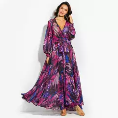 2025 Cross-Border Summer New Amazon European and American Lantern Sleeve Sexy Deep V Print Dress Green Leaf Long Skirt