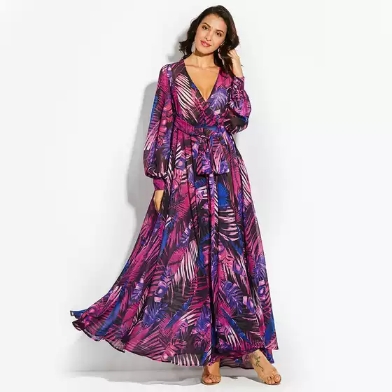 2025 Cross-Border Summer New Amazon European and American Lantern Sleeve Sexy Deep V Print Dress Green Leaf Long Skirt