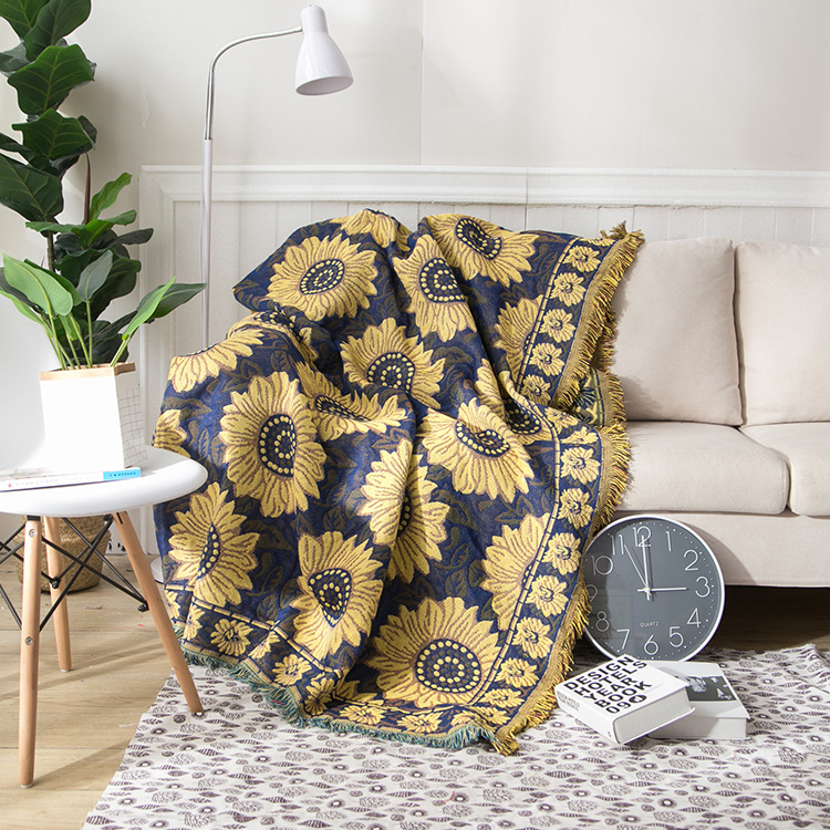European-style Blue Sunflower Cotton Knitted Nap Sofa Office Blanket Wholesale Three-layer Thickened Pastoral Style Blanket