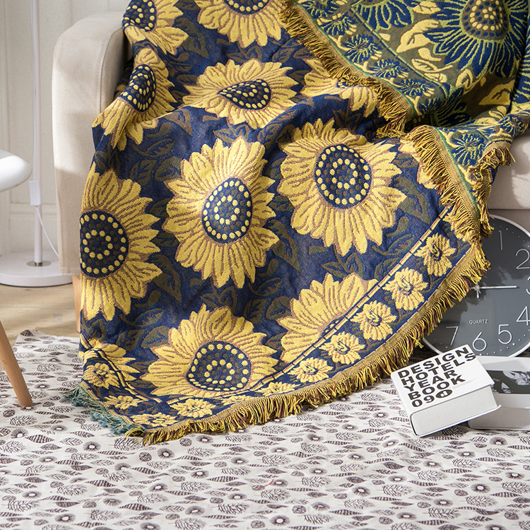 European-style Blue Sunflower Cotton Knitted Nap Sofa Office Blanket Wholesale Three-layer Thickened Pastoral Style Blanket