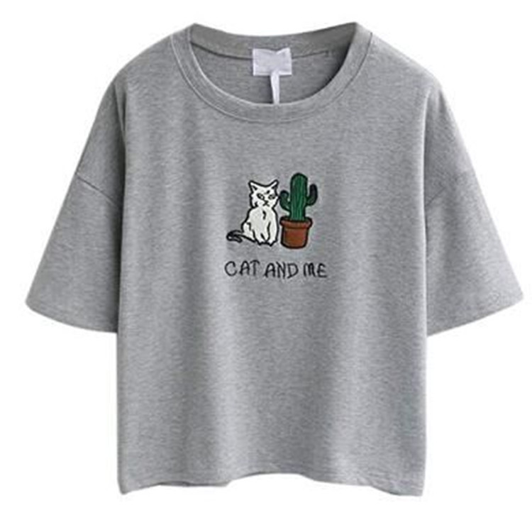 Cotton Crop Top Short Sleeve Cactus Embroidery Minimalist Design Summer Casual Wear Wholesale Available