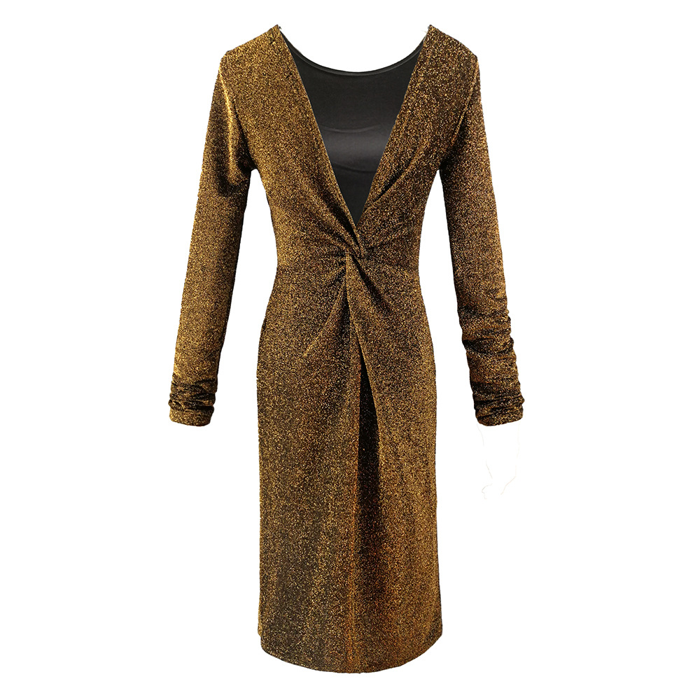 Backless Knotted Bodycon Dress Thickened Metallic Fabric Long Sleeve A Line Silhouette Evening Wear Party Dress