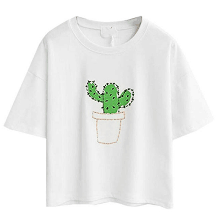 Cotton Crop Top Short Sleeve Cactus Embroidery Casual Style Summer Wear for Women Wholesale Available