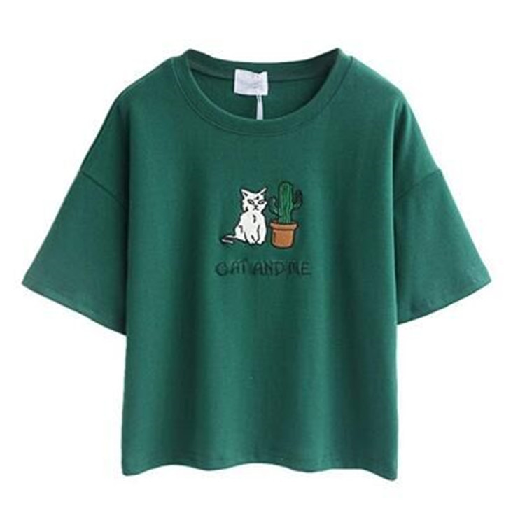 Cotton Crop Top Short Sleeve Cactus Embroidery Casual Style Summer Wear for Women Wholesale Available