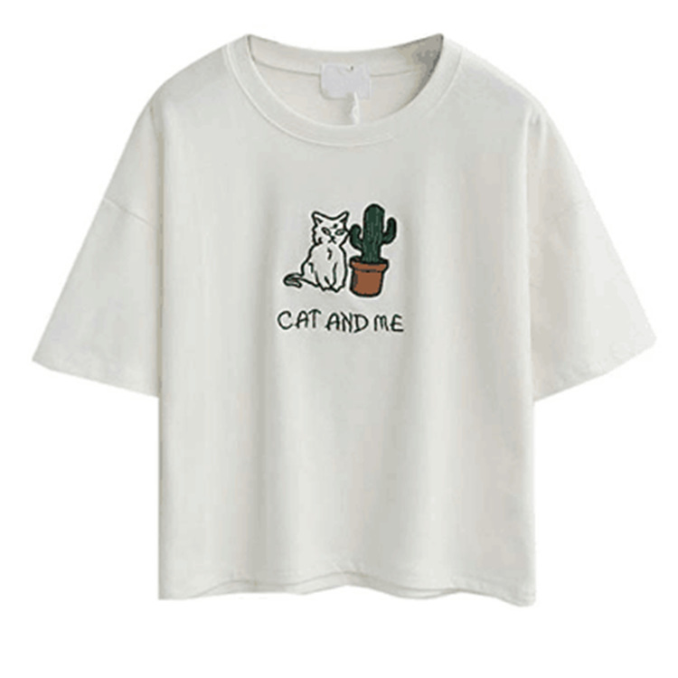 Cotton Crop Top Short Sleeve Cactus Embroidery Casual Style Summer Wear for Women Wholesale Available