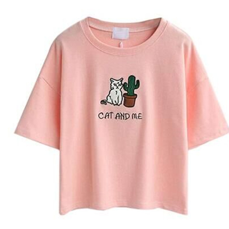 Cotton Crop Top Short Sleeve Cactus Embroidery Casual Style Summer Wear for Women Wholesale Available