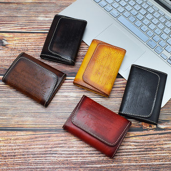 Japanese and Korean Original Vegetable Tanned Leather Small Card Holder Genuine Leather Buckle Embossed Large Capacity Business Card Holder Driver's License Coin Purse