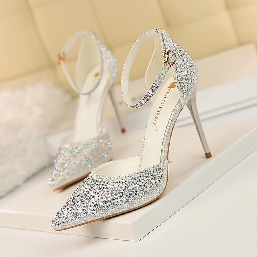 Giày sandal cao gót nữ mũi nhọn quai ngang đính đá lấp lánh — Màu bạc, Màu đen, Màu hồng, Màu Sâm panh