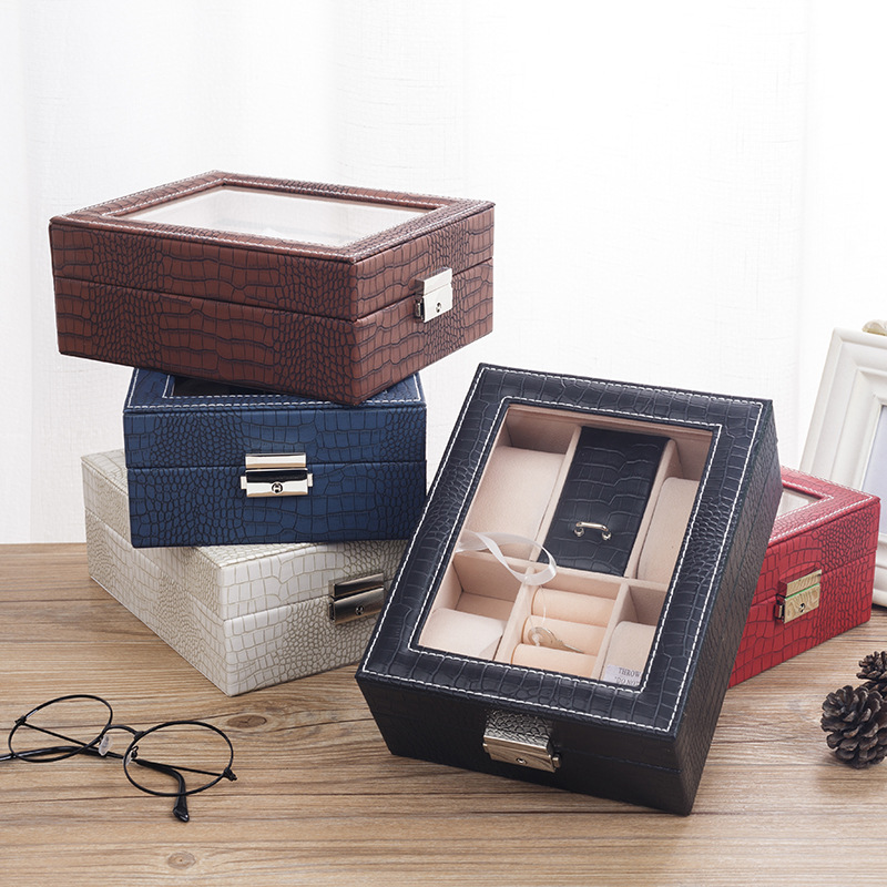 PU Watch Box Lizard Print Leather 4-Bit Watch Box Leather with Lock Flip Portable Ring Watch Storage Box