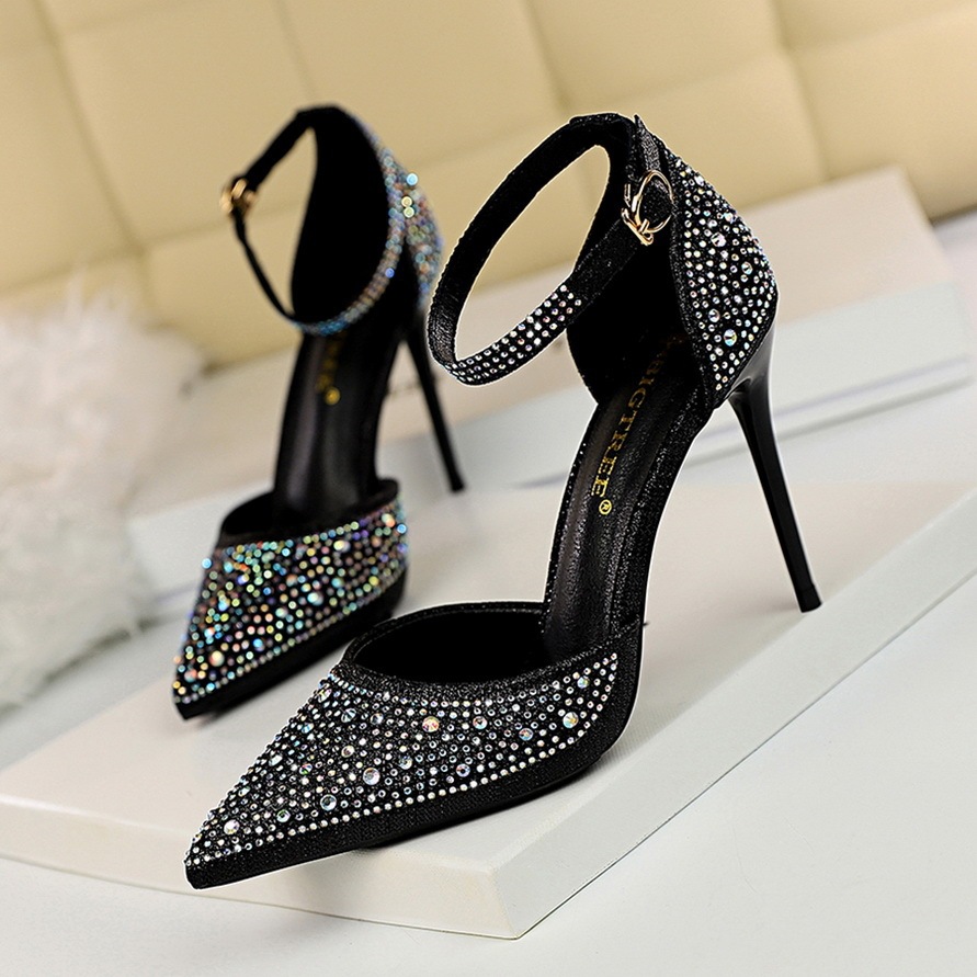 Giày sandal cao gót nữ mũi nhọn quai ngang đính đá lấp lánh — Màu bạc, Màu đen, Màu hồng, Màu Sâm panh
