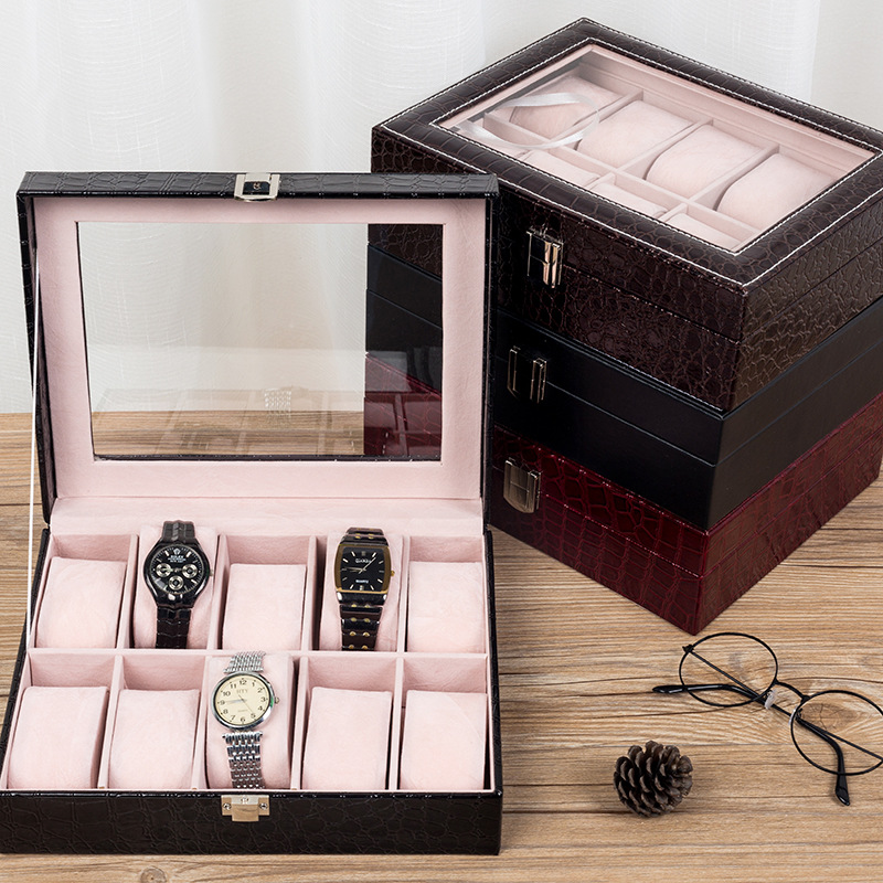 Wholesale Watch Box 10-Grids Crocodile Pattern Leather Display Watch Box Jewelry Packaging Box Ready for Sale