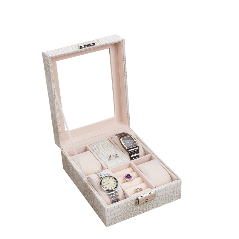 PU Watch Box Lizard Print Leather 4-Bit Watch Box Leather with Lock Flip Portable Ring Watch Storage Box