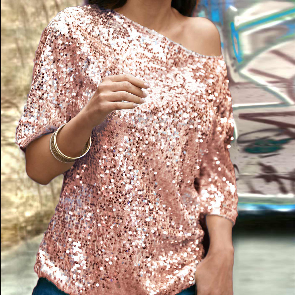 Womens Loose Fit Sequin Shoulder T Shirt Solid Color Three Quarter Sleeve Casual Style Wholesale Available