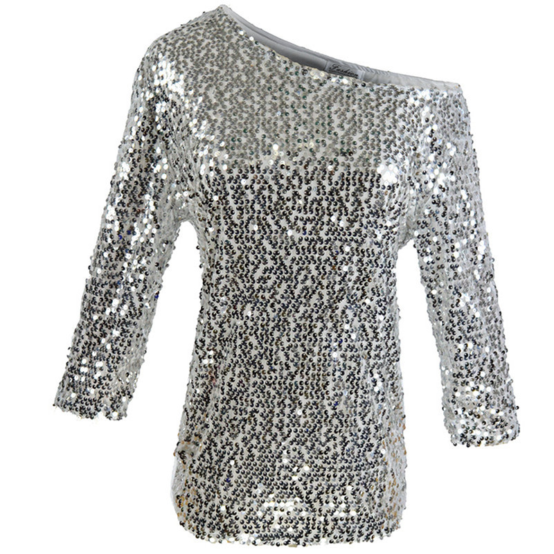 Womens Loose Fit Sequin Shoulder T Shirt Solid Color Three Quarter Sleeve Casual Style Wholesale Available