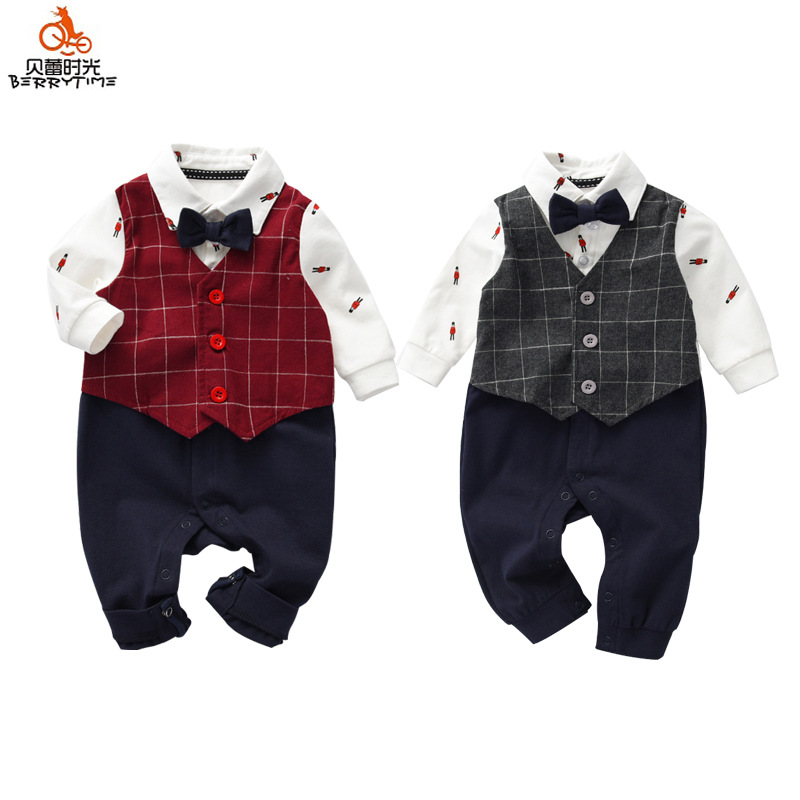 Baby Clothes Spring and Autumn Baby Boy Handsome Gentleman Ha Clothes Newborn One Hundred Days Old Dress Baby One-piece Clothes