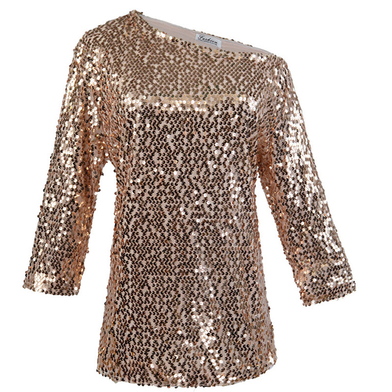 Womens Loose Fit Sequin Shoulder T Shirt Solid Color Three Quarter Sleeve Casual Style Wholesale Available