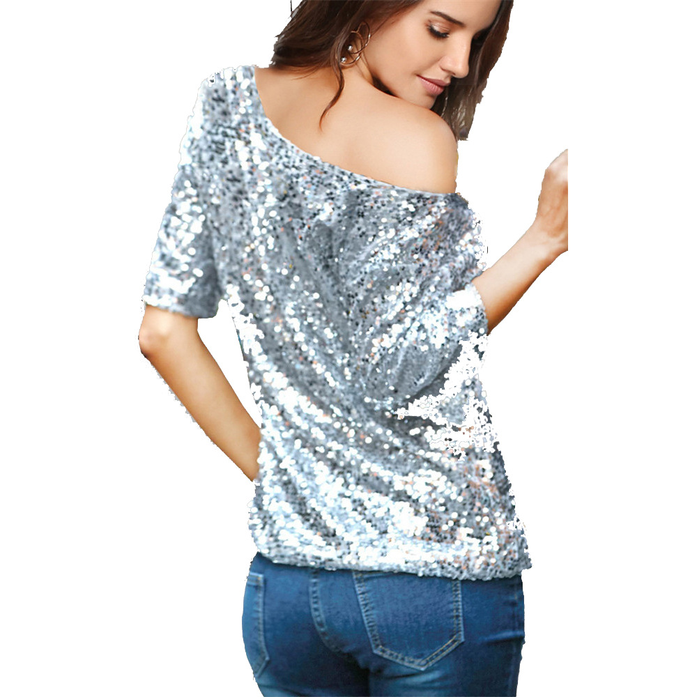 Womens Loose Fit Sequin Shoulder T Shirt Solid Color Three Quarter Sleeve Casual Style Wholesale Available