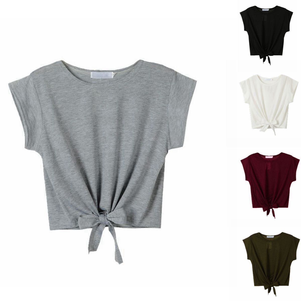 Cotton Crop Top Short Sleeve Round Neck Knot Design Casual Wear for Women Wholesale Available