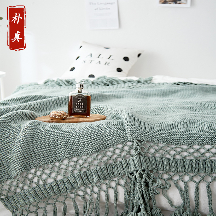 American Style Hand-Knitted Thread Blanket, Thickeneded Sofa Cover Blanket, Nap Blanket, Photo Props and Towel, Cut Out Tassel Blanket