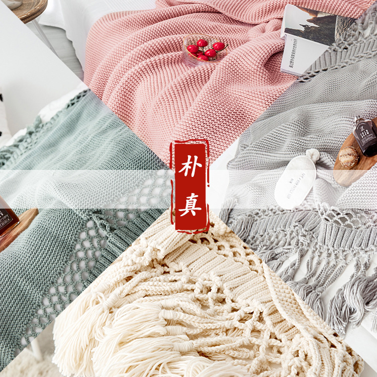 American Style Hand-Knitted Thread Blanket, Thickeneded Sofa Cover Blanket, Nap Blanket, Photo Props and Towel, Cut Out Tassel Blanket