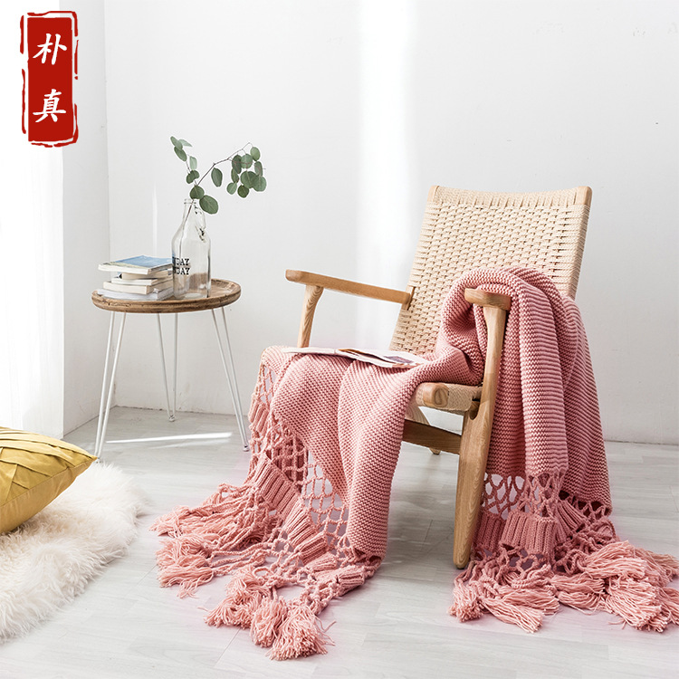 American Style Hand-Knitted Thread Blanket, Thickeneded Sofa Cover Blanket, Nap Blanket, Photo Props and Towel, Cut Out Tassel Blanket