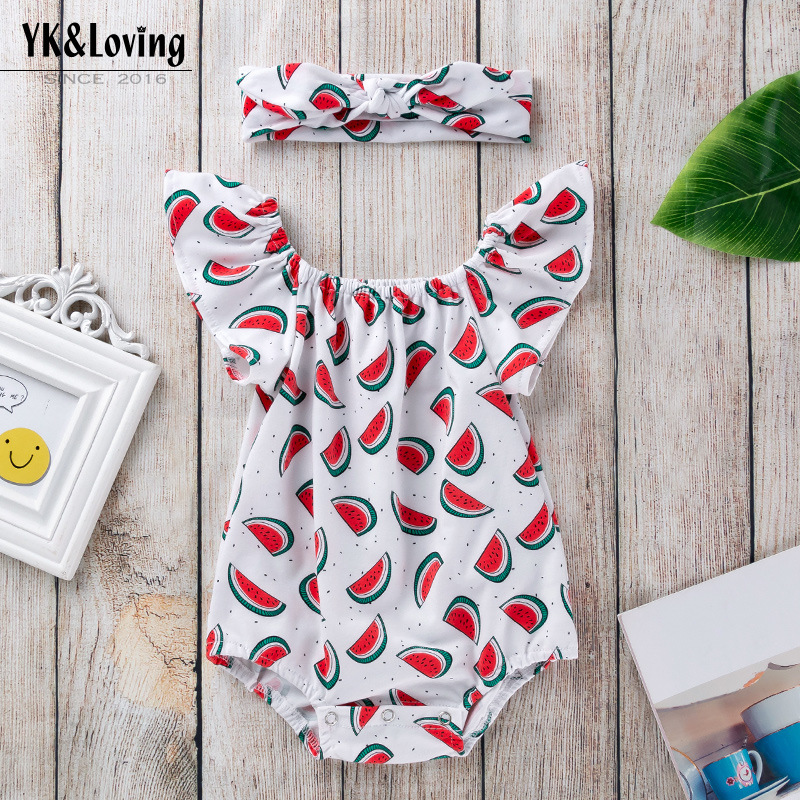 Summer Baby Girl Printed Watermelon Flutter Sleeve Romper Infant Sleeveless Jumpsuit Set Dopamine Outfit for Babies