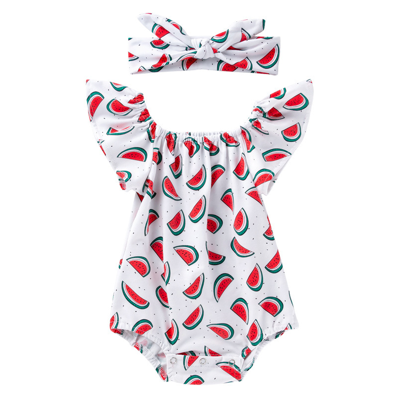 Summer Baby Girl Printed Watermelon Flutter Sleeve Romper Infant Sleeveless Jumpsuit Set Dopamine Outfit for Babies