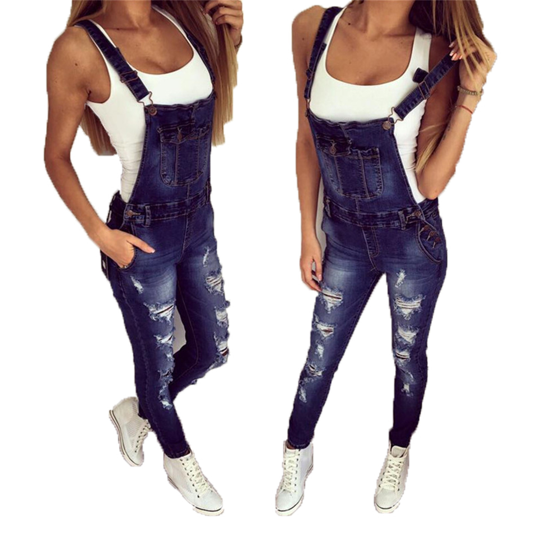 Womens Ripped Denim Jumpsuit Casual Style Adjustable Straps Comfortable Fit Perfect for Everyday Wear Wholesale